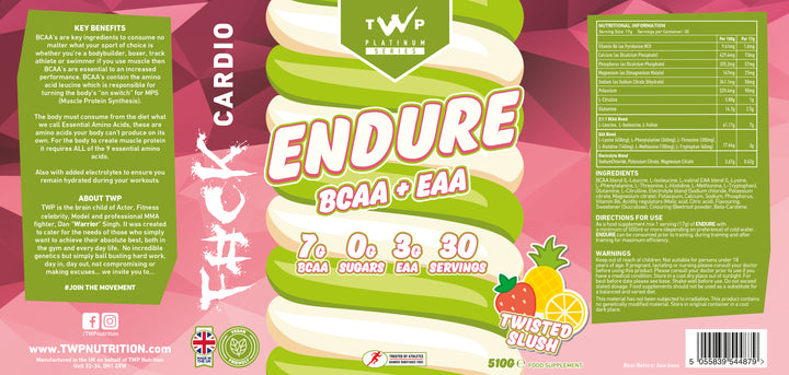 Complete wraparound label of TWP ENDURE BCAA + EAA Twisted Slush 510g supplement tub, displaying front branding, side panels, amino acid profile, and usage instructions, available at Goodsnet New Zealand.