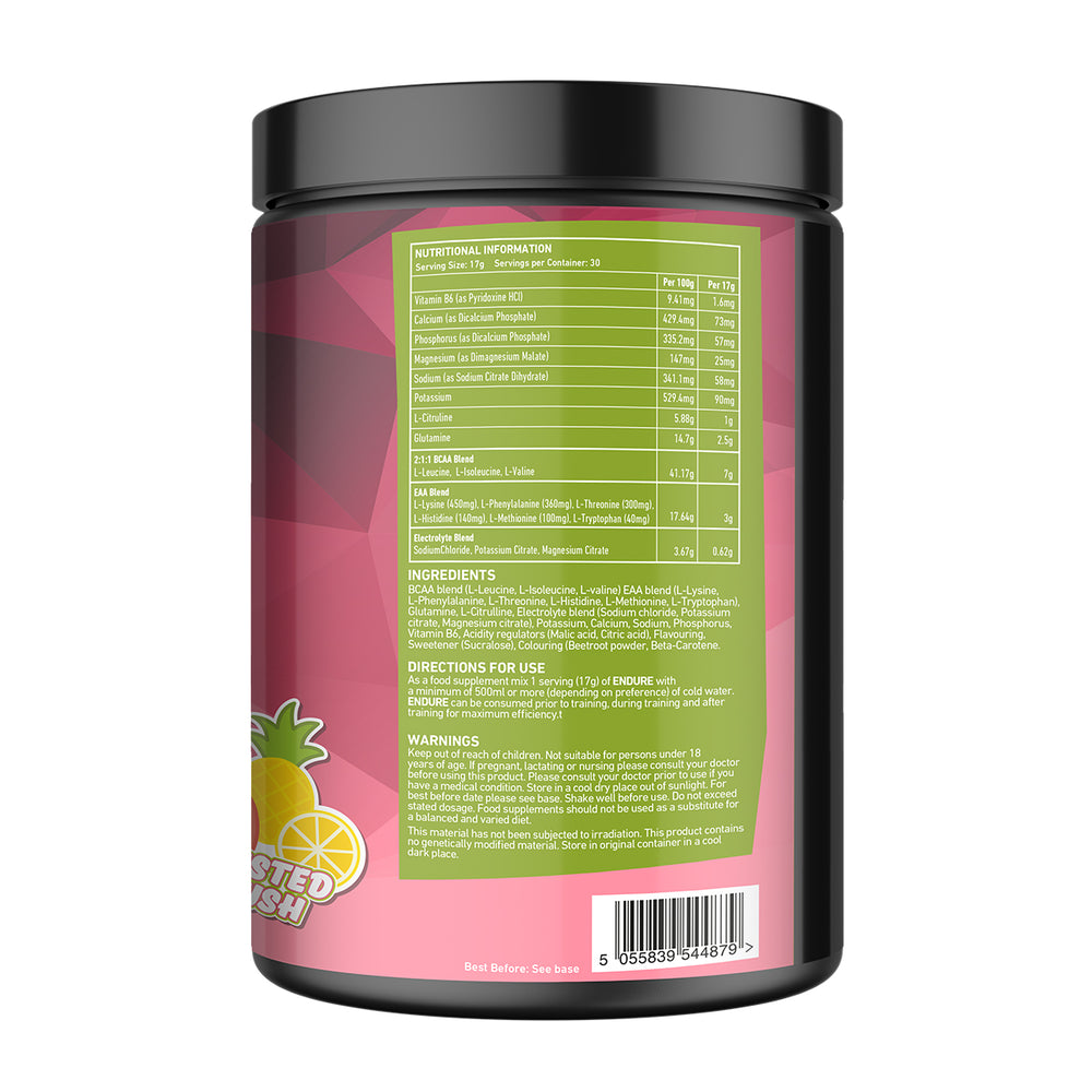 Back of TWP ENDURE BCAA + EAA Twisted Slush 510g tub displaying supplement facts, amino acid profile, and usage instructions, available at Goodsnet New Zealand.