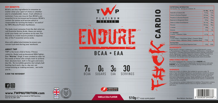Complete wraparound label of TWP ENDURE BCAA + EAA Vanilla Cola 510g supplement tub, displaying front branding, side panels, amino acid profile, and usage instructions, available at Goodsnet New Zealand.