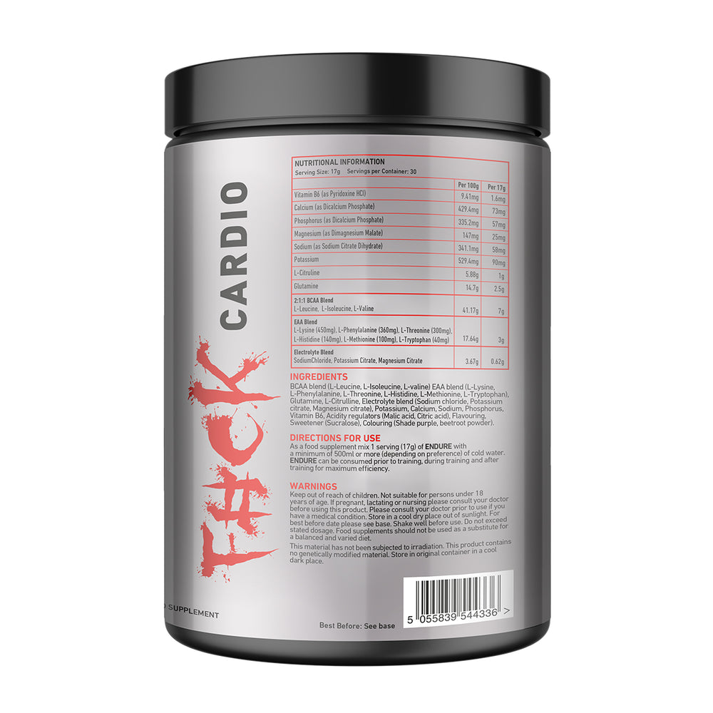 Back of TWP ENDURE BCAA + EAA Vanilla Cola 510g tub displaying supplement facts, amino acid profile, and usage instructions, available at Goodsnet New Zealand.