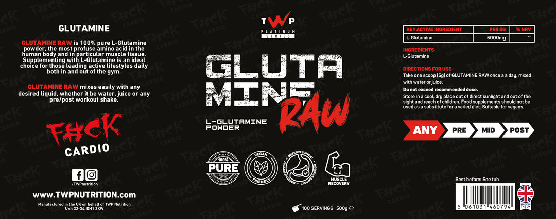“Complete wraparound label of TWP Glutamin Raw L-Glutamine supplement tub, displaying front branding, side panels, supplement facts, and usage directions, available at Goodsnet New Zealand.”
