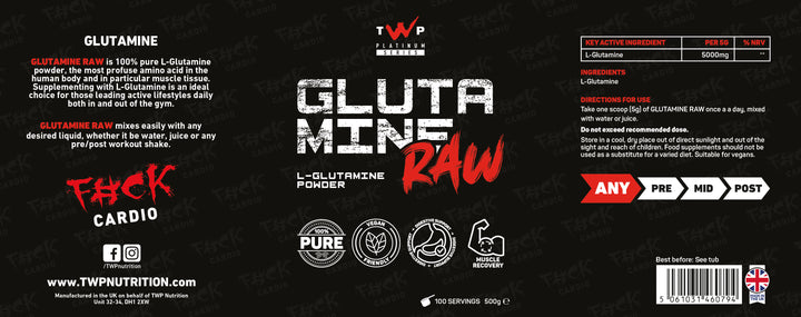 “Complete wraparound label of TWP Glutamin Raw L-Glutamine supplement tub, displaying front branding, side panels, supplement facts, and usage directions, available at Goodsnet New Zealand.”