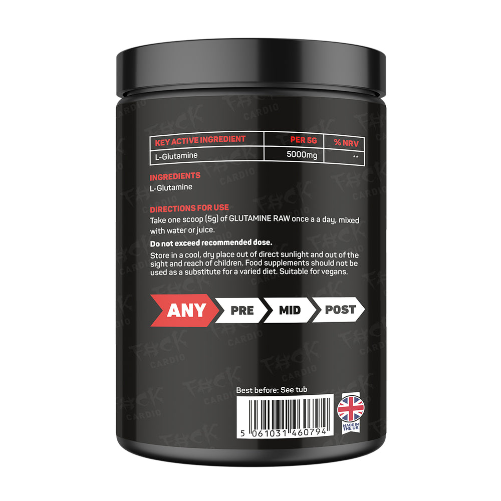 “Back of TWP Glutamin Raw tub displaying supplement facts, ingredient details, and usage instructions, available at Goodsnet New Zealand.”