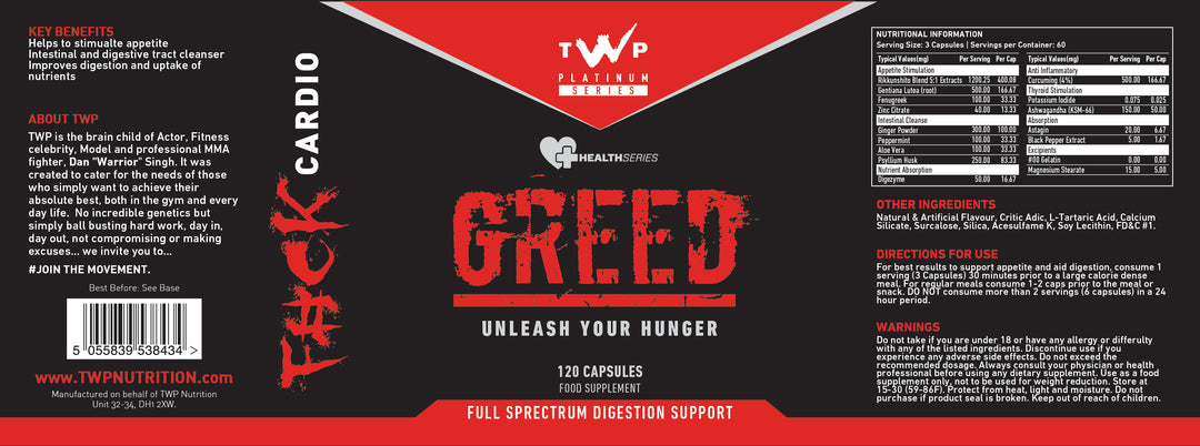 “Complete wraparound label of TWP Greed thermogenic fat burner tub, displaying front branding, side panels, supplement facts, and usage directions, available at Goodsnet New Zealand.”