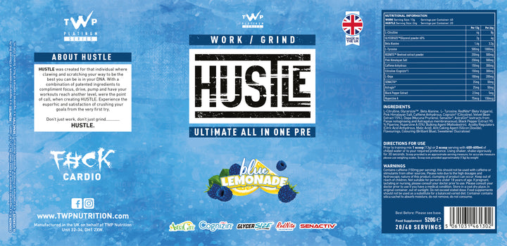 Complete wraparound label of TWP HUSTLE Blue Lemonade 559g supplement tub, displaying front branding, side panels, supplement facts, and usage instructions, available at Goodsnet New Zealand.