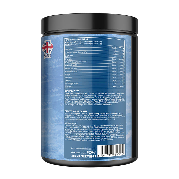 Back of TWP HUSTLE Blue Lemonade 559g tub displaying supplement facts, ingredient profile, and usage instructions, available at Goodsnet New Zealand.