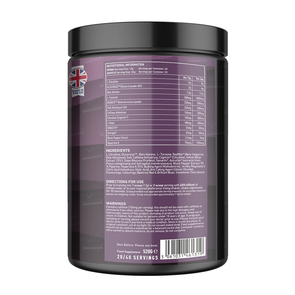 Back of TWP HUSTLE Bubblegum Grape 559g tub displaying supplement facts, ingredient profile, and usage instructions, available at Goodsnet New Zealand.