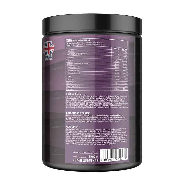 Back of TWP HUSTLE Bubblegum Grape 559g tub displaying supplement facts, ingredient profile, and usage instructions, available at Goodsnet New Zealand.