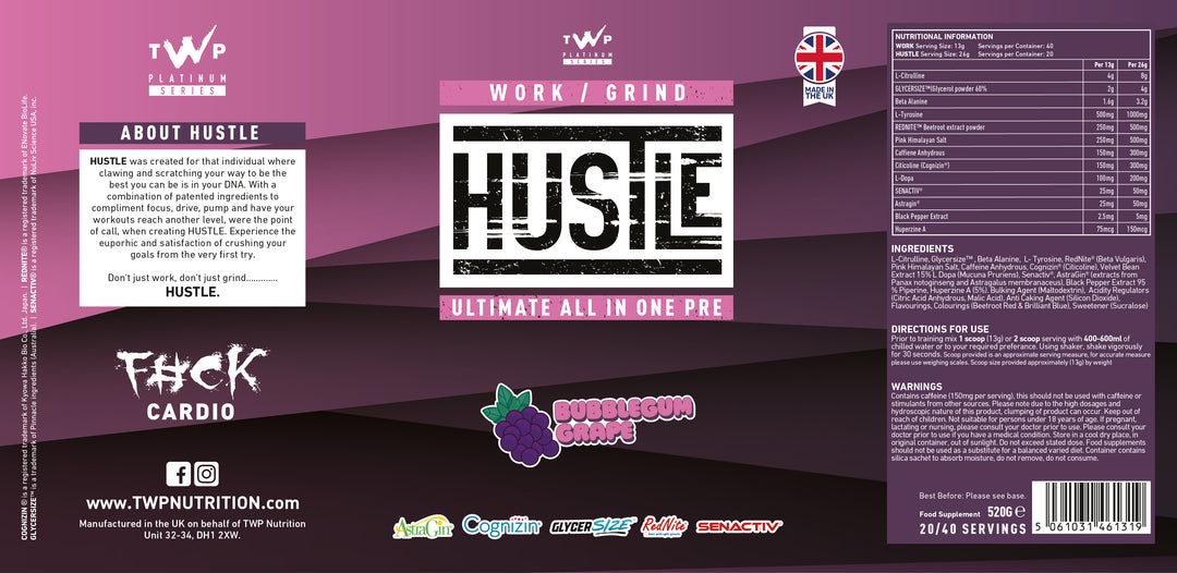 Complete wraparound label of TWP HUSTLE Bubblegum Grape 559g supplement tub, displaying front branding, side panels, supplement facts, and usage instructions, available at Goodsnet New Zealand.