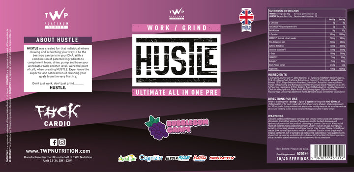 Complete wraparound label of TWP HUSTLE Bubblegum Grape 559g supplement tub, displaying front branding, side panels, supplement facts, and usage instructions, available at Goodsnet New Zealand.
