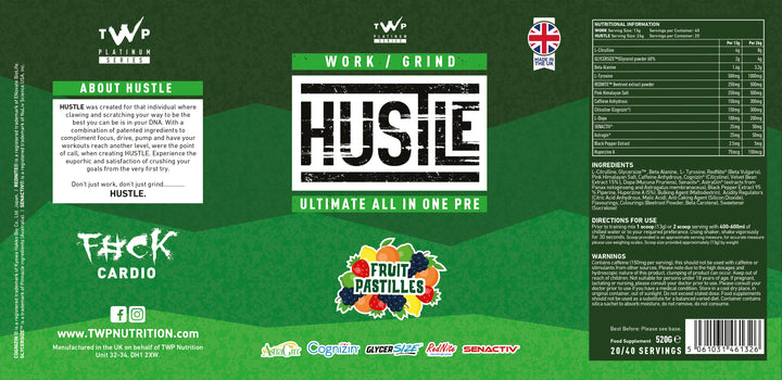 Complete wraparound label of TWP HUSTLE Fruit Pastilles 559g supplement tub, displaying front branding, side panels, supplement facts, and usage instructions, available at Goodsnet New Zealand.