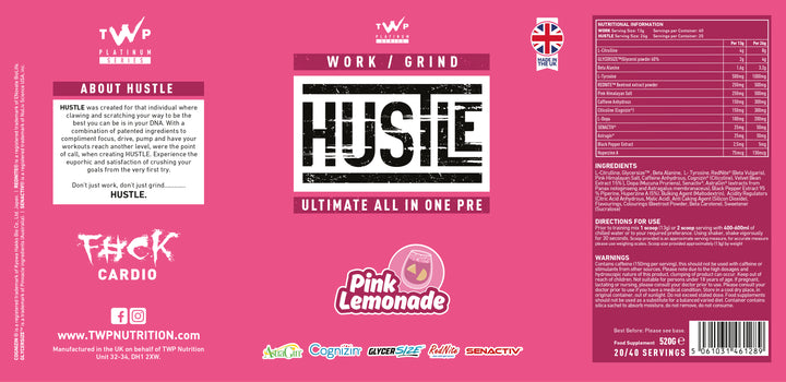 Complete wraparound label of TWP HUSTLE Pink Lemonade 559g supplement tub, displaying front branding, side panels, supplement facts, and usage instructions, available at Goodsnet New Zealand.