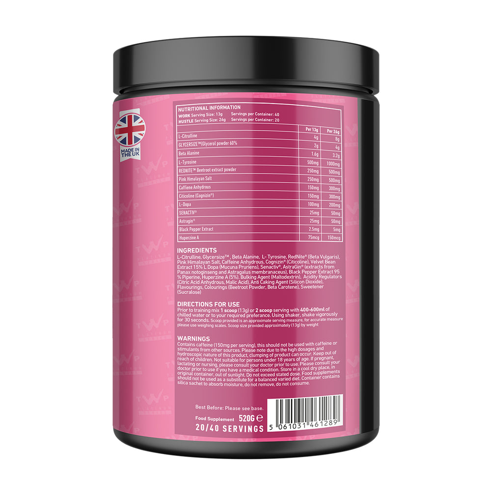 Back of TWP HUSTLE Pink Lemonade 559g tub displaying supplement facts, ingredient profile, and usage instructions, available at Goodsnet New Zealand.