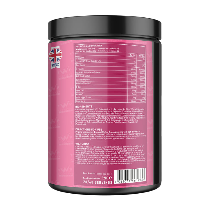 Back of TWP HUSTLE Pink Lemonade 559g tub displaying supplement facts, ingredient profile, and usage instructions, available at Goodsnet New Zealand.