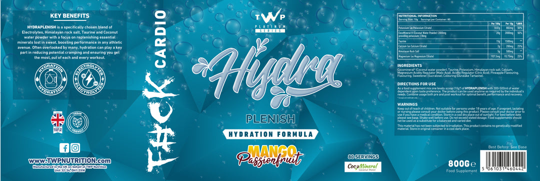 “Complete wraparound label of TWP HYDRA-PLENISH Mango Passionfruit hydration drink tub, displaying front branding, side panels, supplement facts, and usage instructions, available at Goodsnet New Zealand.”