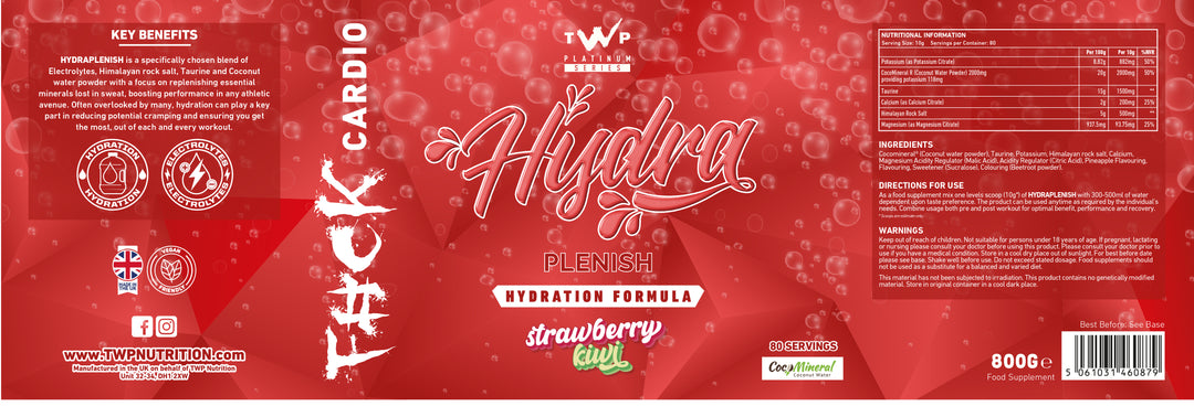 “Complete wraparound label of TWP HYDRA-PLENISH Strawberry Kiwi hydration drink tub, displaying front branding, side panels, supplement facts, and usage instructions, available at Goodsnet New Zealand.”