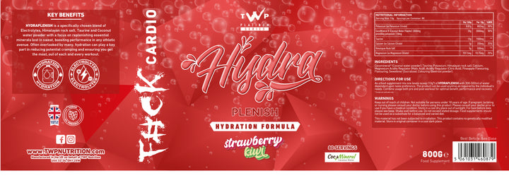 “Complete wraparound label of TWP HYDRA-PLENISH Strawberry Kiwi hydration drink tub, displaying front branding, side panels, supplement facts, and usage instructions, available at Goodsnet New Zealand.”