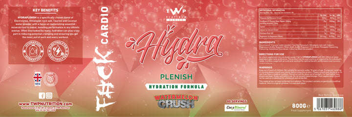 “Complete wraparound label of TWP HYDRA-PLENISH Watermelon Crush hydration drink tub, displaying front branding, side panels, supplement facts, and usage instructions, available at Goodsnet New Zealand.”