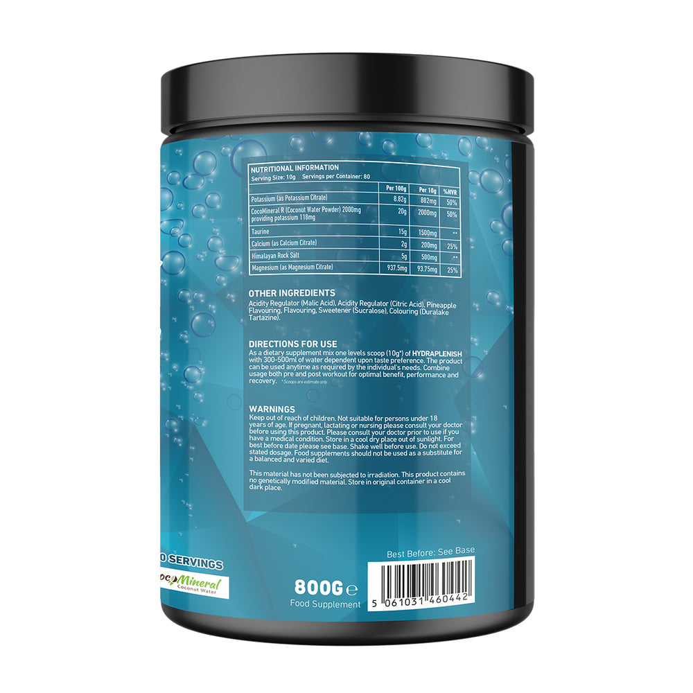 “Back of TWP HYDRA-PLENISH Mango Passionfruit tub displaying supplement facts, ingredient list, and usage instructions, available at Goodsnet New Zealand.”