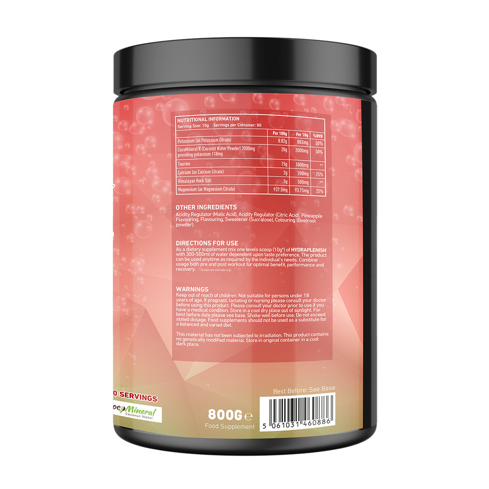 “Back of TWP HYDRA-PLENISH Watermelon Crush tub displaying supplement facts, ingredient list, and usage instructions, available at Goodsnet New Zealand.”
