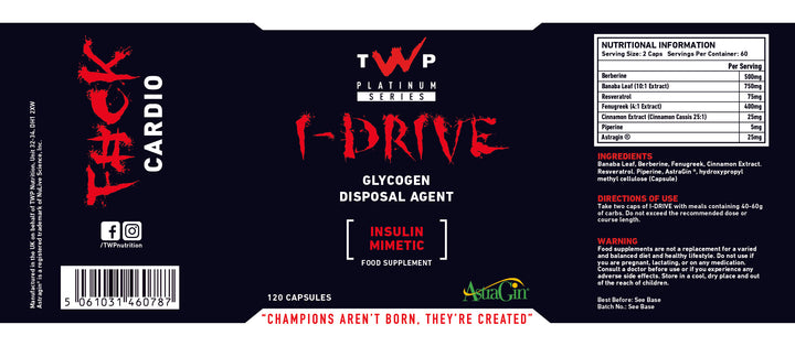 “Complete wraparound label of TWP I-Drive glucose disposal agent tub, displaying front branding, side panels, supplement facts, and usage instructions, available at Goodsnet New Zealand.”