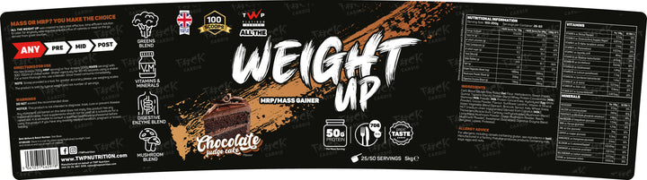 Complete wraparound label of TWP ALL THE WEIGHT UP Protein Chocolate Fudge Cake 5kg tub, displaying front branding, side panels, nutrition facts, and usage instructions, available at Goodsnet New Zealand.