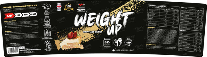 Complete wraparound label of TWP ALL THE WEIGHT UP Protein Vanilla Cheesecake 5kg tub, displaying front branding, side panels, nutrition facts, and usage instructions, available at Goodsnet New Zealand