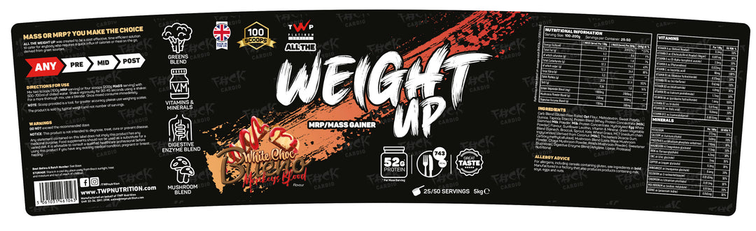 Complete wraparound label of TWP ALL THE WEIGHT UP Protein White Choc Monkeys Blood 5kg tub, displaying front branding, side panels, nutrition facts, and usage instructions, available at Goodsnet New Zealand.