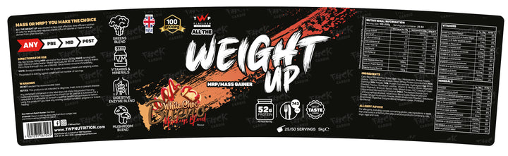 Complete wraparound label of TWP ALL THE WEIGHT UP Protein White Choc Monkeys Blood 5kg tub, displaying front branding, side panels, nutrition facts, and usage instructions, available at Goodsnet New Zealand.