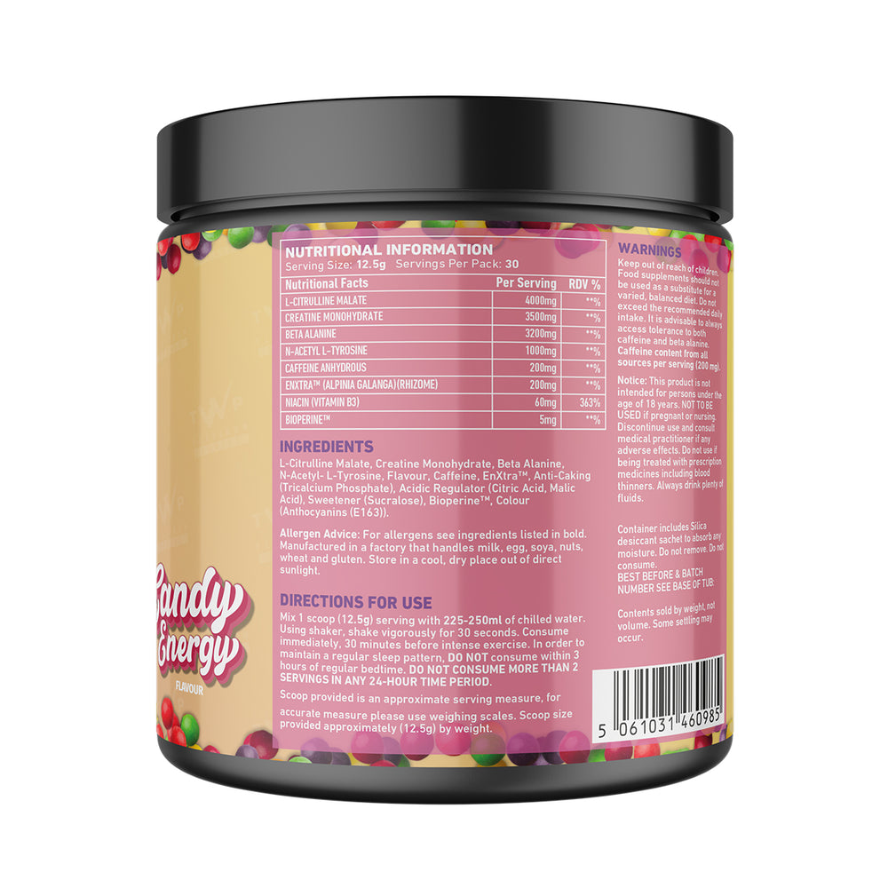 Back of TWP P.R.E. RAW Candy Energy 375g tub displaying supplement facts, ingredient profile, and usage instructions, available at Goodsnet New Zealand.