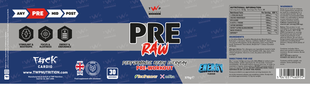 Complete wraparound label of TWP P.R.E. RAW Energy 375g supplement tub, displaying front branding, side panels, supplement facts, and usage instructions, available at Goodsnet New Zealand.