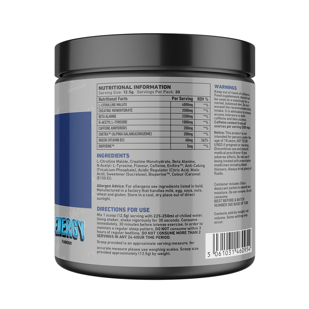 Back of TWP P.R.E. RAW Energy 375g tub displaying supplement facts, ingredient profile, and usage instructions, available at Goodsnet New Zealand.