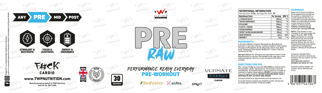 Complete wraparound label of TWP P.R.E. RAW Ultra Energy 375g supplement tub, displaying front branding, side panels, supplement facts, and usage instructions, available at Goodsnet New Zealand.