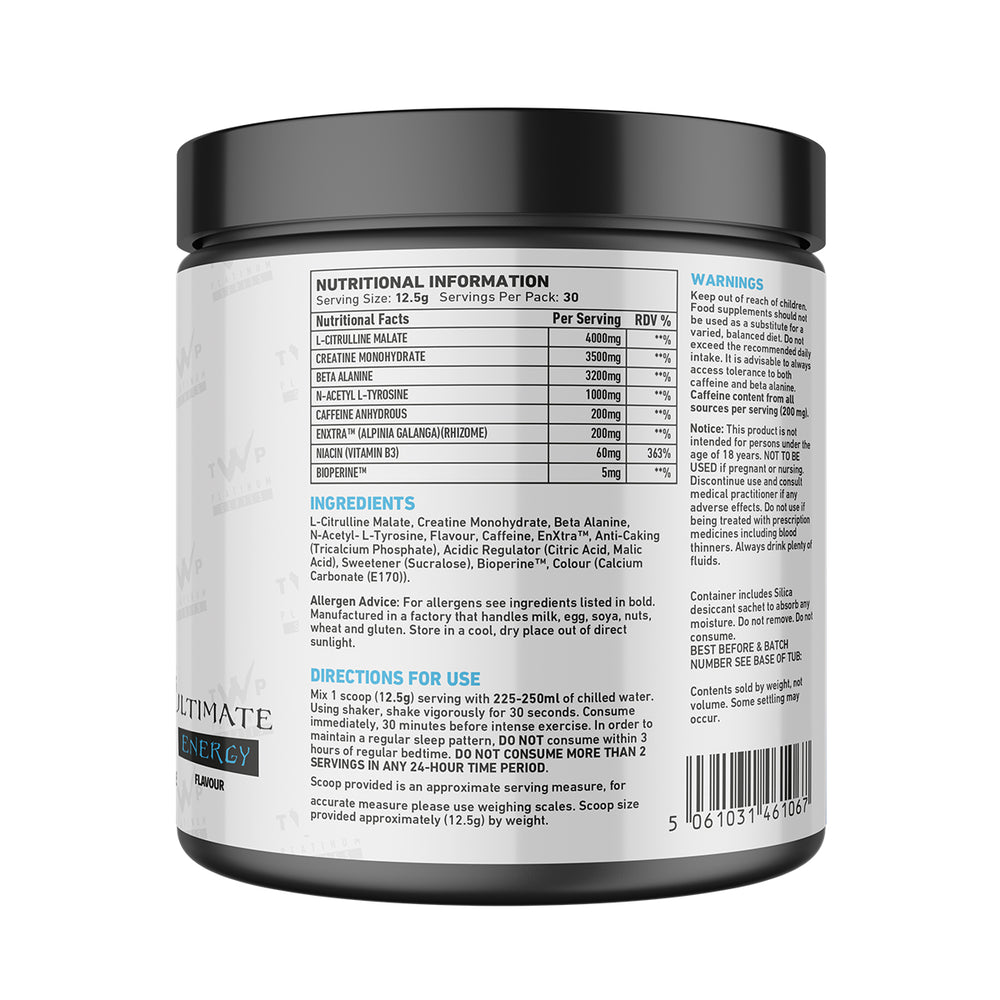 Back of TWP P.R.E. RAW Ultra Energy 375g tub displaying supplement facts, ingredient profile, and usage instructions, available at Goodsnet New Zealand.
