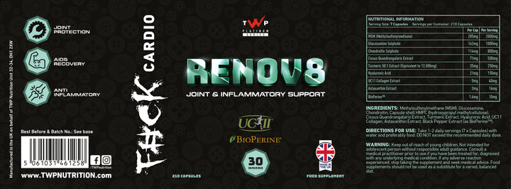 “Complete wraparound label of TWP RENOV8 recovery supplement tub, displaying front branding, side panels, supplement facts, and usage details, available at Goodsnet New Zealand.”