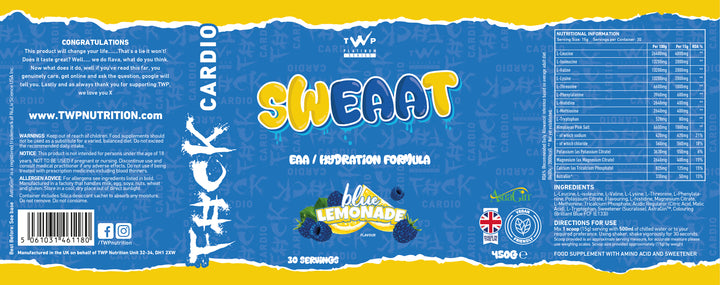“Complete wraparound label of TWP SWEAAT EAA Blue Lemonade 450g supplement tub, displaying front branding, side panels, amino acid profile, and usage instructions, available at Goodsnet New Zealand.”
