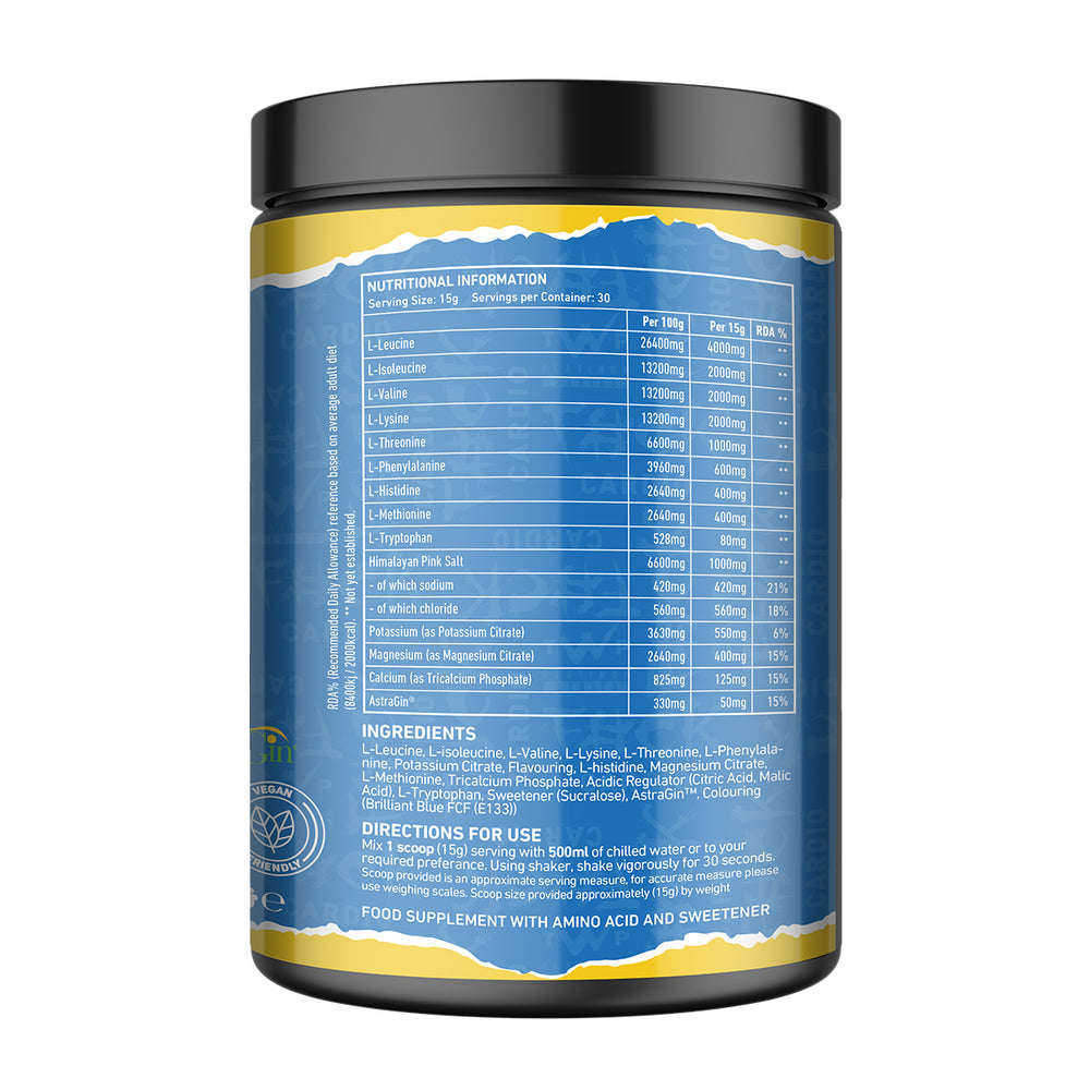 “Back of TWP SWEAAT EAA Blue Lemonade 450g tub displaying supplement facts, amino acid profile, and usage instructions, available at Goodsnet New Zealand.”