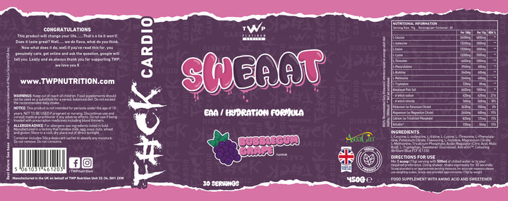 “Complete wraparound label of TWP SWEAAT EAA Bubblegum Grape 450g supplement tub, displaying front branding, side panels, amino acid profile, and usage instructions, available at Goodsnet New Zealand.”