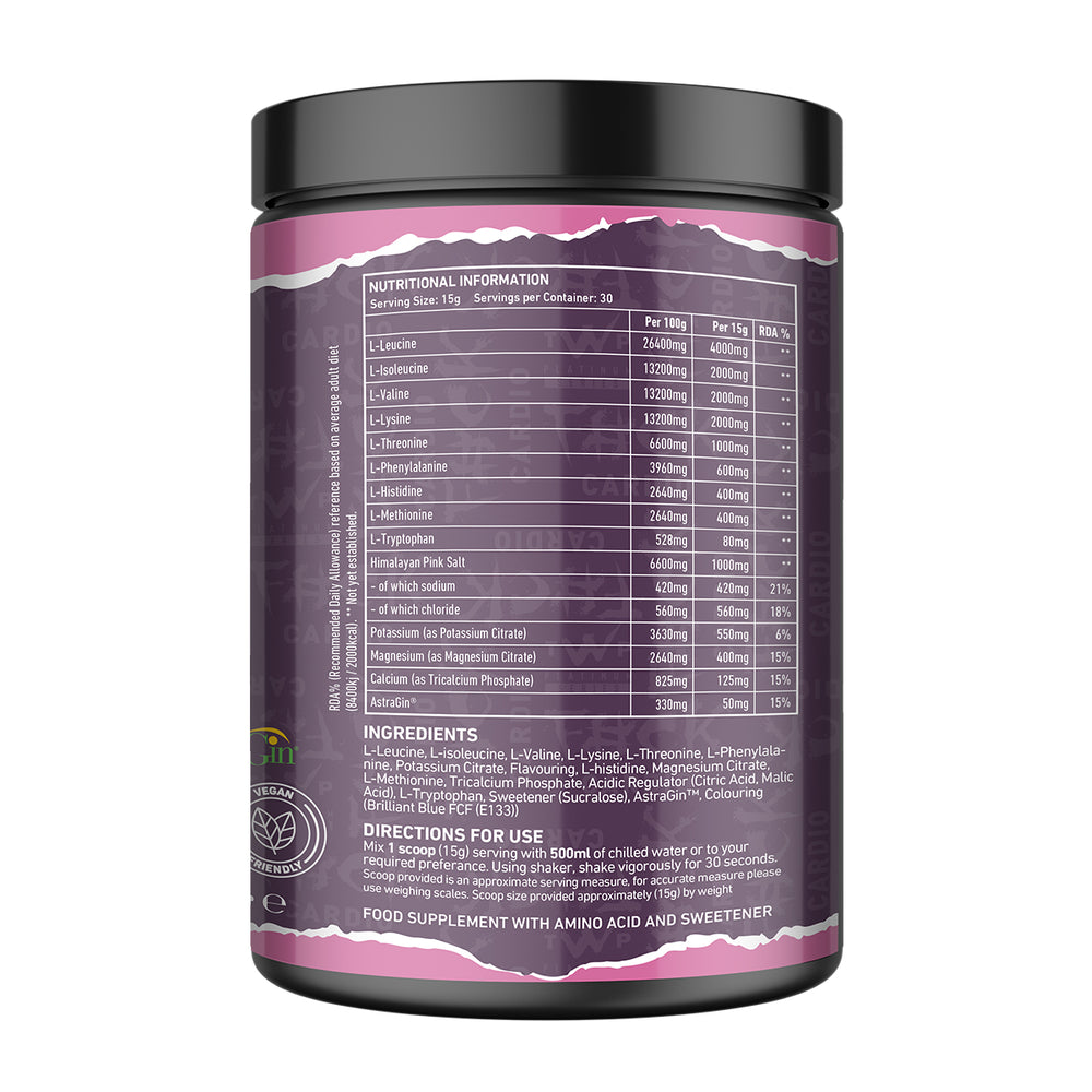 “Back of TWP SWEAAT EAA Bubblegum Grape 450g tub displaying supplement facts, amino acid profile, and usage instructions, available at Goodsnet New Zealand.”