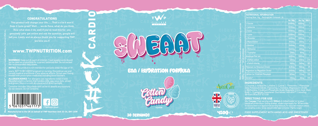 “Complete wraparound label of TWP SWEAAT EAA Cotton Candy 450g supplement tub, displaying front branding, side panels, amino acid profile, and usage instructions, available at Goodsnet New Zealand.”