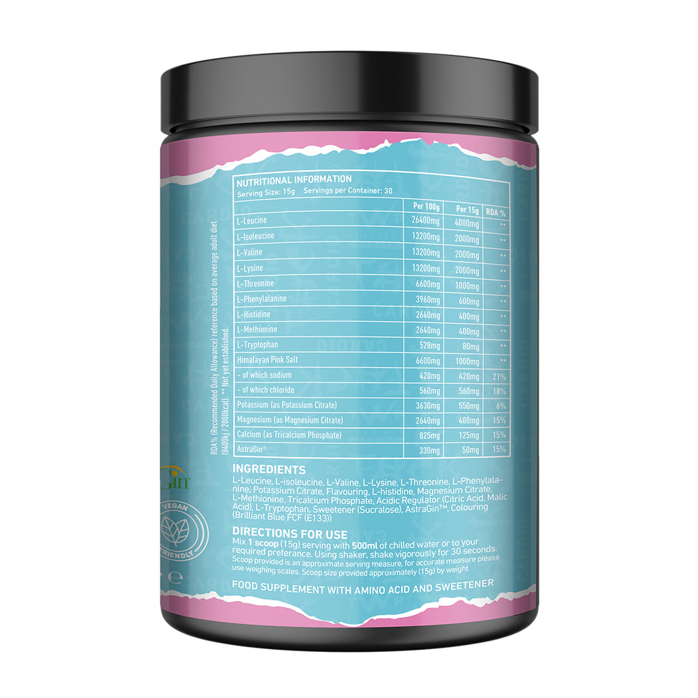 “Back of TWP SWEAAT EAA Cotton Candy 450g tub displaying supplement facts, amino acid profile, and usage instructions, available at Goodsnet New Zealand.”
