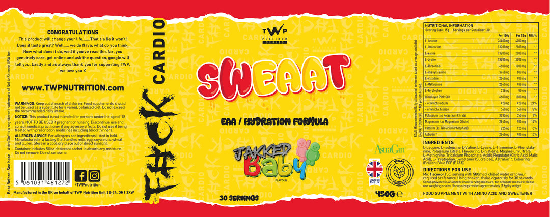 “Complete wraparound label of TWP SWEAAT EAA Jakked Baby 450g supplement tub, displaying front branding, side panels, amino acid profile, and usage instructions, available at Goodsnet New Zealand.”