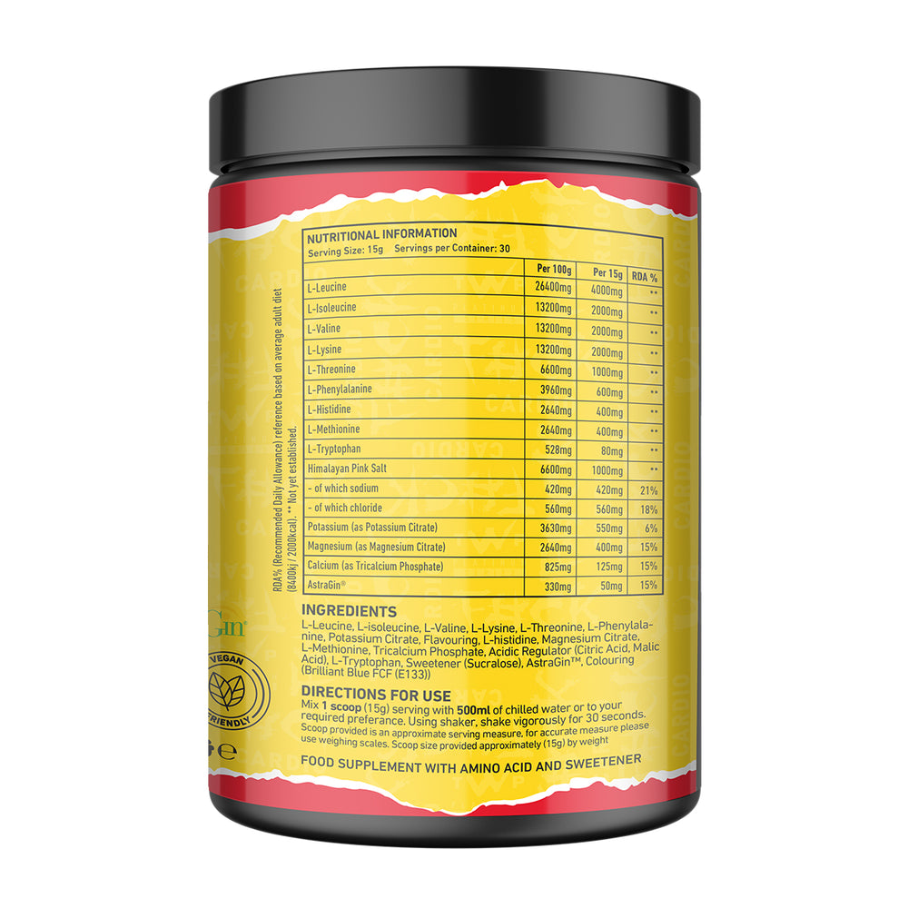 “Back of TWP SWEAAT EAA Jakked Baby 450g tub displaying supplement facts, amino acid profile, and usage instructions, available at Goodsnet New Zealand.”
