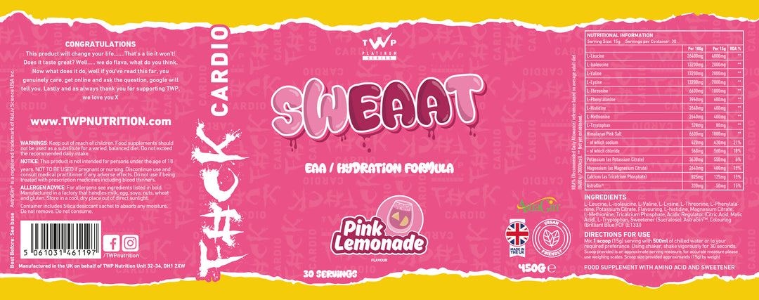 “Complete wraparound label of TWP SWEAAT EAA Pink Lemonade 450g supplement tub, displaying front branding, side panels, amino acid profile, and usage instructions, available at Goodsnet New Zealand.”