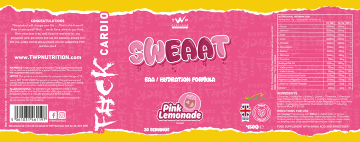“Complete wraparound label of TWP SWEAAT EAA Pink Lemonade 450g supplement tub, displaying front branding, side panels, amino acid profile, and usage instructions, available at Goodsnet New Zealand.”