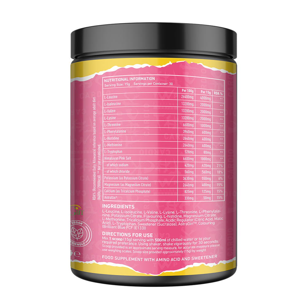 “Back of TWP SWEAAT EAA Pink Lemonade 450g tub displaying supplement facts, amino acid profile, and usage instructions, available at Goodsnet New Zealand.”