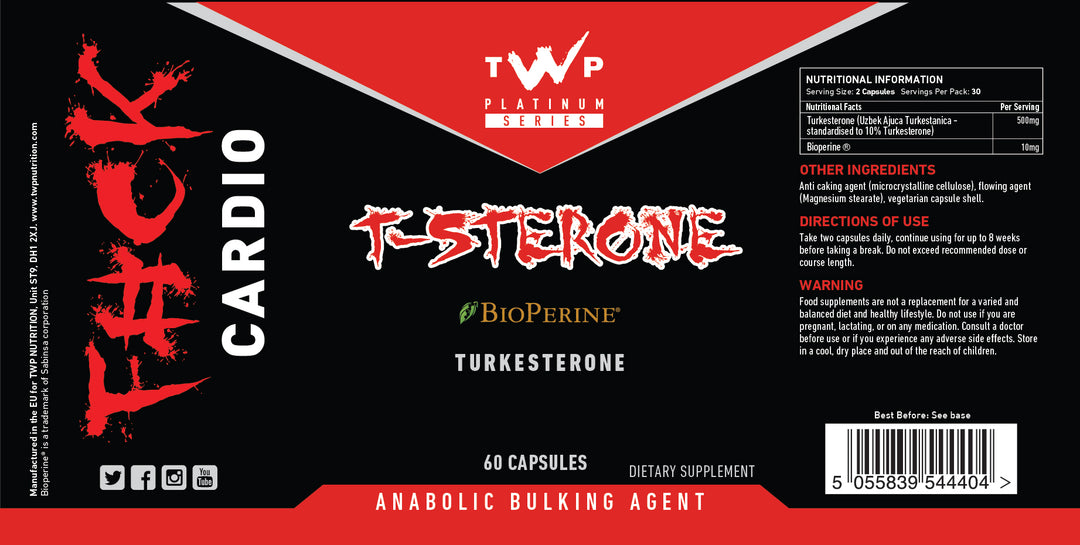 “Complete wraparound label of TWP T-Sterone testosterone support supplement tub, displaying front branding, side panels, supplement facts, and usage instructions, available at Goodsnet New Zealand.”