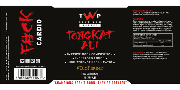 “Complete wraparound label of TWP Tongkat Ali testosterone support supplement tub, displaying front branding, side panels, supplement facts, and usage instructions, available at Goodsnet New Zealand.”