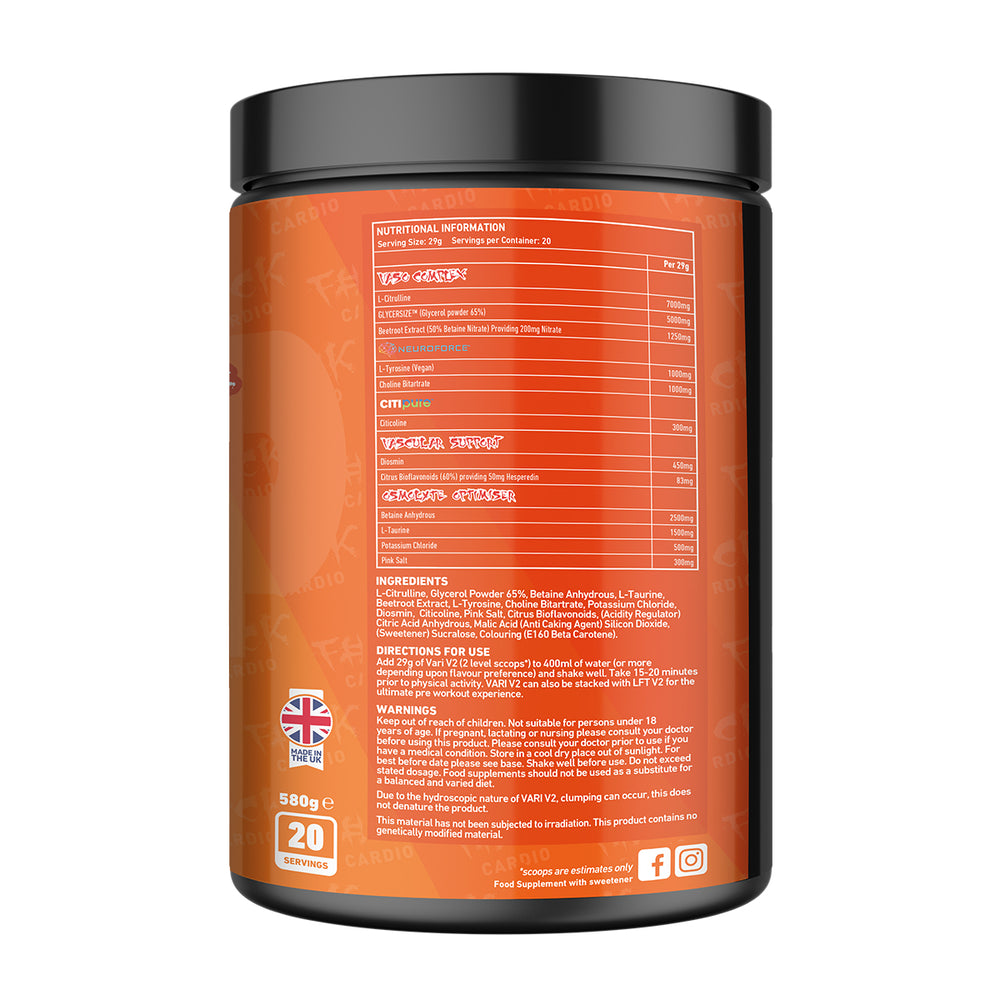 Back of TWP VARI V2 Orange Dreamsicle 580g tub displaying supplement facts, ingredient profile, and usage instructions, available at Goodsnet New Zealand