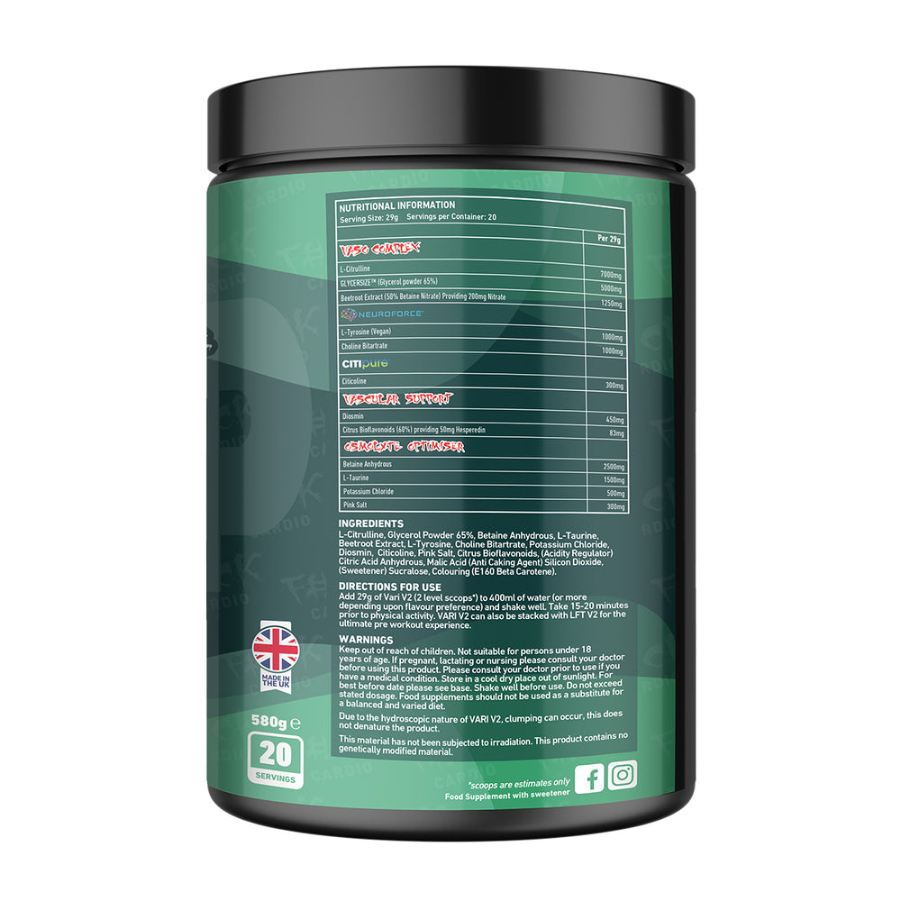 Back of TWP VARI V2 Fruit Pastilles 580g tub displaying supplement facts, ingredient profile, and usage instructions, available at Goodsnet New Zealand.